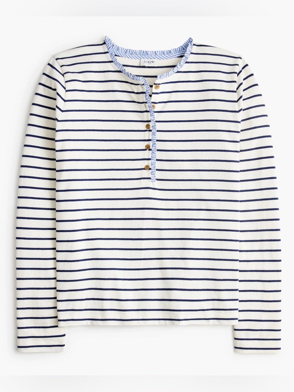 J.Crew Navy Stripe Long Sleeve Henley Top Ruffle Neck Nautical Size Small Preppy